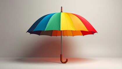 An open umbrella with a curved wooden handle, resting upright on its tip. The canopy features multicolored panels arranged in a gradient from cool blues and greens to warm reds and oranges, set agains