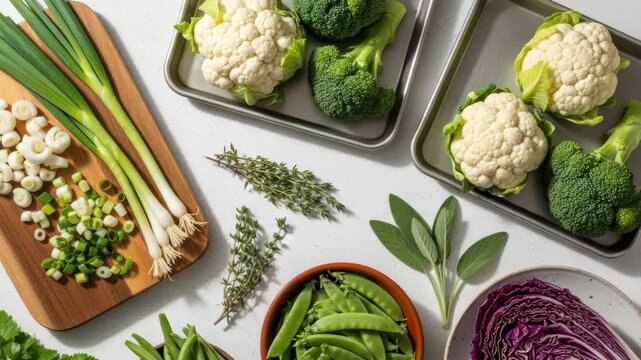 Vibrant assortment of fresh vegetables for healthy cooking and meal prep. Chopped scallions on a wooden board with broccoli, cauliflower, and herbs. Food banner for a website