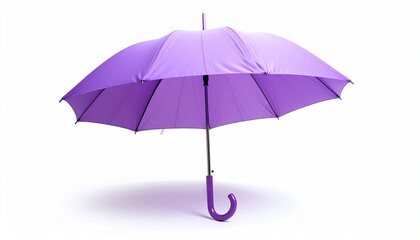 A vibrant purple umbrella suspended mid-air with its canopy fully open and curved handle pointing downward. Set against a plain light gray background with soft shadow beneath, emphasizing minimalism a