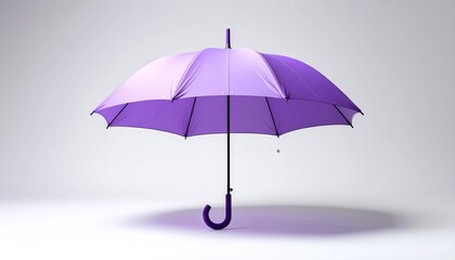A vibrant purple umbrella suspended mid-air with its canopy fully open and curved handle pointing downward. Set against a plain light gray background with soft shadow beneath, emphasizing minimalism a