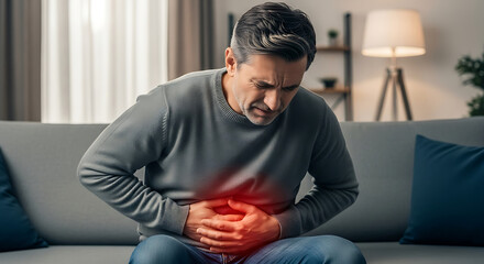 Man on sofa suffering intense abdominal pain and discomfort.