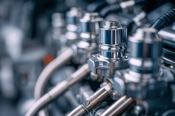 Fototapeta premium Industrial metal fuel injection system components glistening under soft light with a sharp focus on mechanical details and blurred background elements