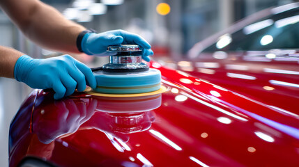Person wearing blue gloves using a polishing machine to detail and restore the glossy shine on a red vehicle hood in a bright automotive workshop environment