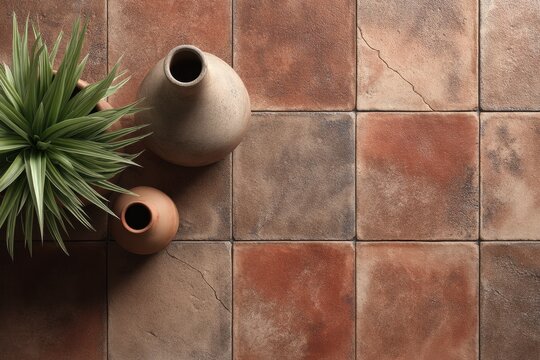 Natural terracotta tile texture with crackles and earthy brown tones for home decor background, bohemian style design and minimalist print brochure

