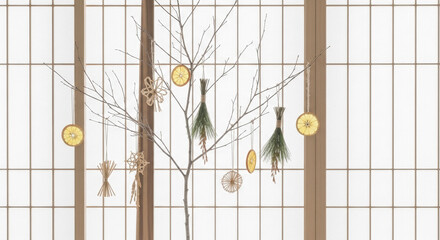 Minimalist winter decoration with dried citrus and pine sprigs hanging on bare branches against a shoji screen background.
