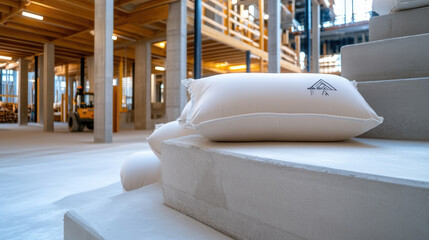 interior of construction center with eco friendly cement bags and low carbon footprint building materials, sustainable construction concept, copy space