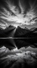 Monochrome Majesty - Mountain Reflection in Still Waters Under Dramatic Skies.