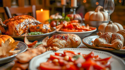 A low-angle, warmly lit close-up of a holiday dinner table filled with roasted poultry, tomato salad, glazed carrots, and small pumpkins, creating a classic, intimate festive atmosphere.