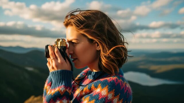 Caucasian adult woman taking a picture with a vintage camera from a mountain viewpoint. Female traveler and content creator capturing the scenic landscape during a golden hour hike