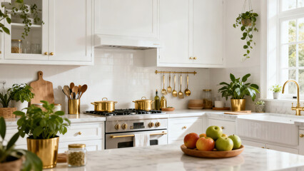 Modern Minimalist White Kitchen with Gold Decor