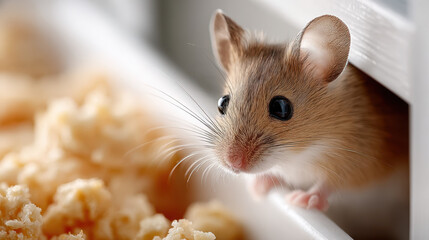 Fototapeta premium House mouse near food crumbs on indoor surface, pest problem in kitchen and need for rodent control.