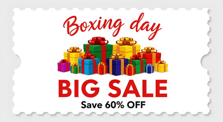 Boxing Day Big Sale Save 60% Off with Pile of Colorful Gift Boxes and Festive Ribbon Bows save 60 percent off