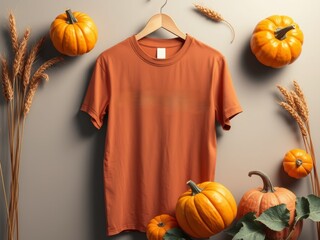 Orange t-shirt mockup adorned with autumn pumpkins and wheat