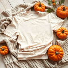 Autumnal blank t-shirt mockup with small pumpkins, cozy knit