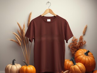 Autumnal t-shirt mockup display with pumpkins and dried wheat