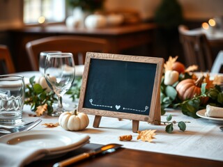 Blank chalkboard on autumn table setting ready for text or menu