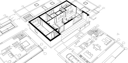 house architectural project sketch 3d illustration	
