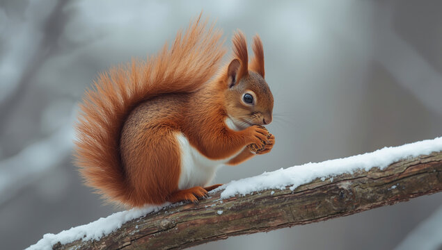 A red squirrel sits on a tree branch in winter, holding and eating a nut
