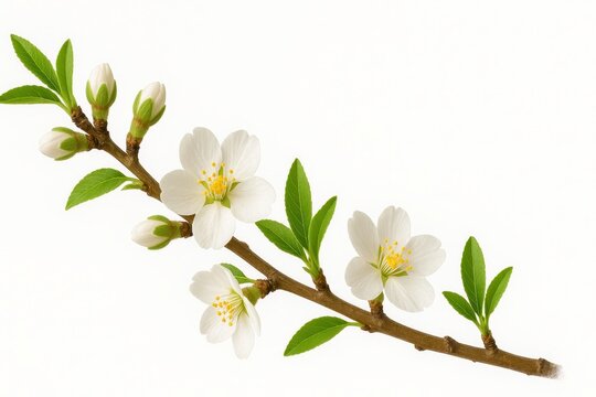 Gently curved almond tree branch in spring with white blossoms buds and leaves on pure white background diagonal layout for floral nature and design uses