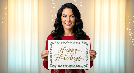 A smiling woman in a red holiday sweater holds a "Happy Holidays" sign with festive lights in the background.