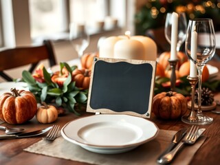 Thanksgiving table setting with pumpkins, candles, and a blank sign