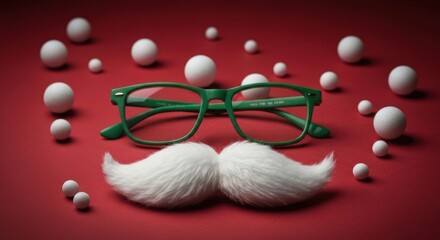 Festive green glasses and a white mustache on a red backdrop