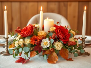 Autumnal floral centerpiece with lit candles on a dining table