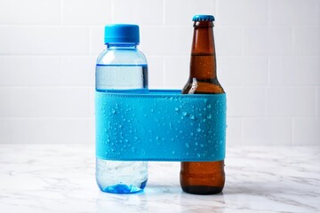 Two cold drinks a water bottle and a beer bottle held together by a blue sleeve