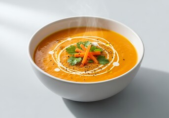 Creamy Carrot Soup with Cilantro and Drizzle in White Bowl.