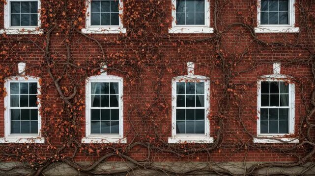 Facade of a classic red brick building with many windows covered in dormant ivy vines. Architectural background with a repeating pattern for design or texture concepts