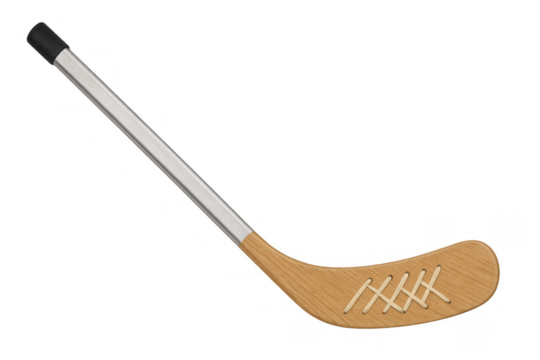 Ice hockey stick from wood and metal with taped blade, equipment for winter sports, transparent background
