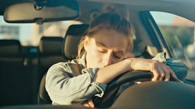Stressed driver sitting inside car feeling overwhelmed and emotionally drained during a difficult moment on the road  
