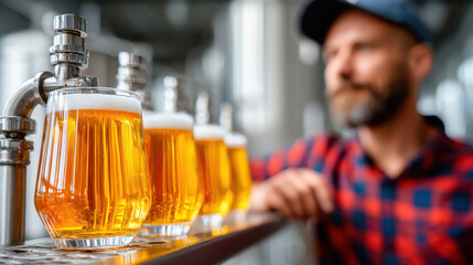 Row of beer glasses filled with golden beer on stainless steel counter, bearded brewer in plaid shirt standing nearby. Craft beer produ