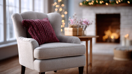 Naklejka premium Cozy wellness corner. Soft armchair with red cushion stands by fireplace and small tree in warm living room, inviting for quiet reading, rest and evening self-care.