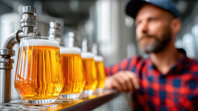 Row of beer glasses filled with golden beer on stainless steel counter, bearded brewer in plaid shirt standing nearby. Craft beer produ