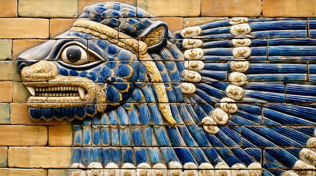 ishtar. Glazed brick relief of a lion against lapis lazuli blue background with gold accents, intricate patterns. event programs.