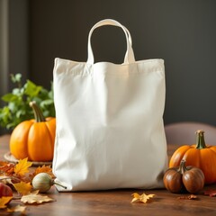Reusable canvas tote bag mockup with autumn fall harvest decor