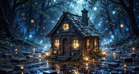 whimsical fairytale cottage illuminated by glowing candles in a magical forest, digital art.