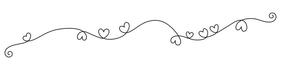 Decorative wavy divider with hearts and spirals. Drawing of a romantic border with editable black stroke on white background. Vector illustration.