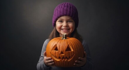 Smiling girl in purple hat holds a carved jack-o'-lantern