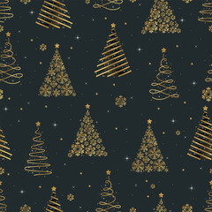 A luxurious seamless Christmas pattern featuring elegant stylized Christmas trees created from golden lines and delicate snowflake compositions. Set against a deep dark background, the shimmering gold