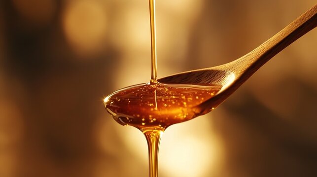 oligarchy. Golden honey dripping from a wooden spoon against a natural wood background. menu design, packaging mockups, designed for culinary blogs and recipe cards for restaurants.