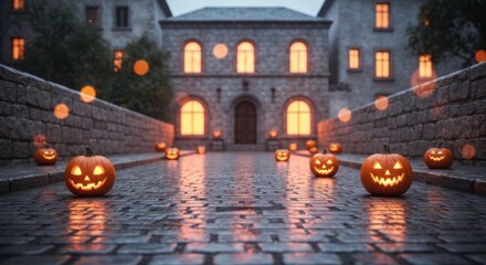 Glowing jack-o'-lanterns on a wet cobblestone street at dusk.