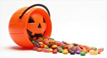 Tipped orange jack-o'-lantern pail spilling colorful candy