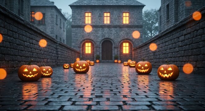Carved pumpkins light a foggy, wet cobblestone street - Powered by Adobe
