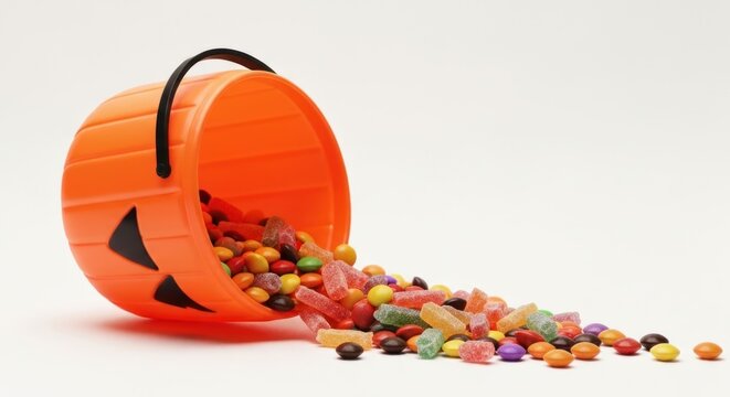 Orange jack-o'-lantern bucket spilling colorful Halloween candy