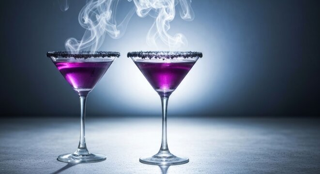 Two smoking purple cocktails with black rims and dramatic light