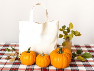 White canvas tote bag with pumpkins, fall leaves, plaid decor