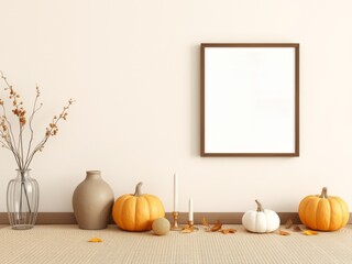 Cozy autumn decor with blank vertical frame and fall elements