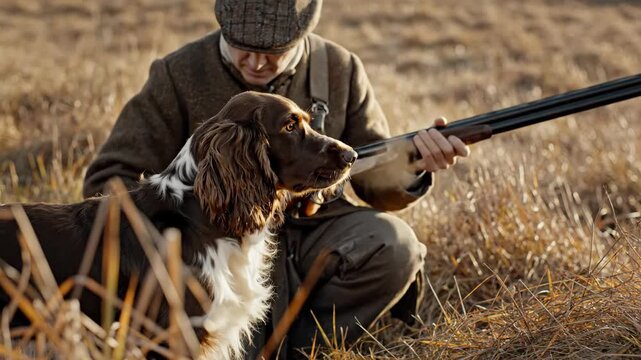 Hunter man and english springer spaniel dog in field, hunting season concept. Professional hunting dog footage.